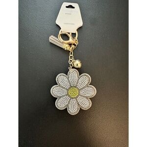 Sparkling Daisy Flower Rhinestone Tassel Keychain Bag Charm Gold Tone